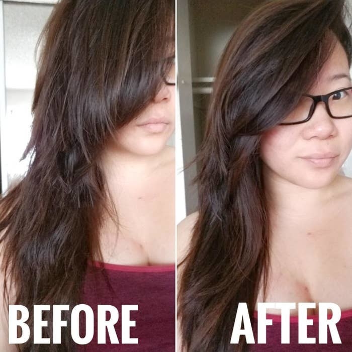 A before-and-after of a reviewer with dry, damaged hair and split ends compared to much healthier and smoother looking hair after using the serum 