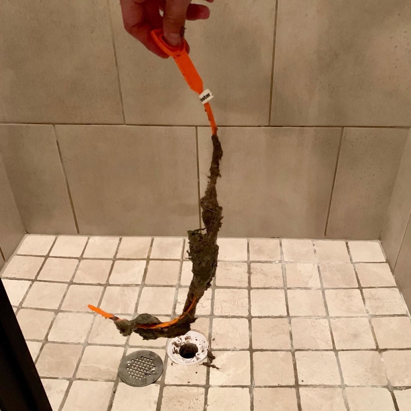 a drain snake covered in grime and hair after being used to clean a shower drain