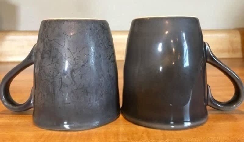 On the left, a mug looking dirty, and on the right, the same mug but after being cleaned