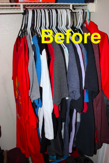 A bunch of T-shirts on regular hangers in a closet with the text 
