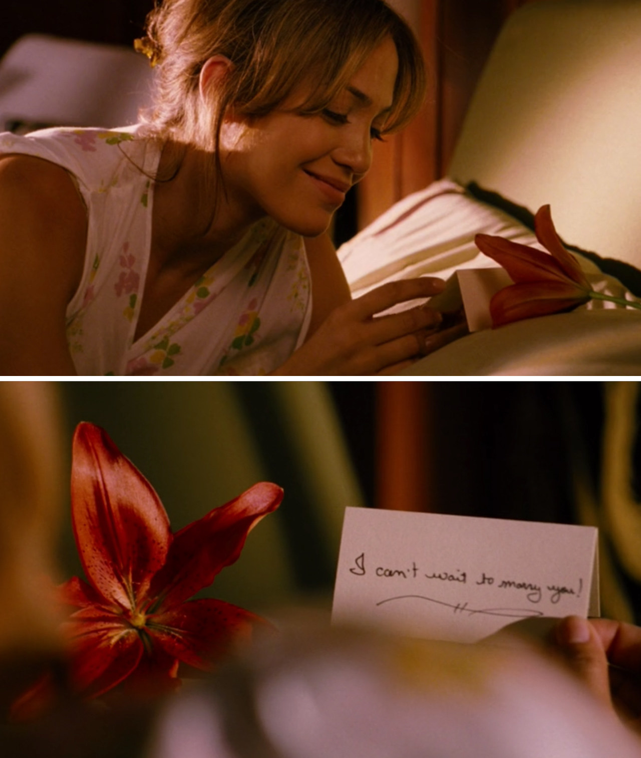 Jennifer Lopez in &quot;Monster-in-Law&quot; reading a note in bed that says: &quot;I can&#x27;t wait to marry you!&quot;
