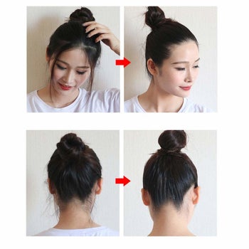 before and after pics of person with hair in bun with lots of wisps as before and slick look as after