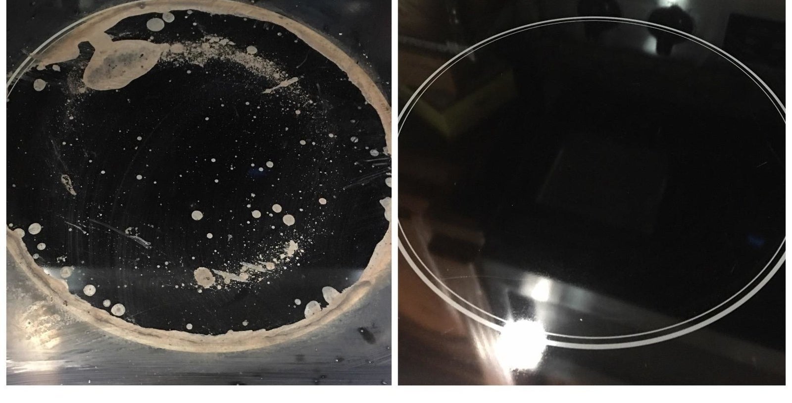 reviewer showing a dirty stovetop and a clean stovetop after using the cleaning kit