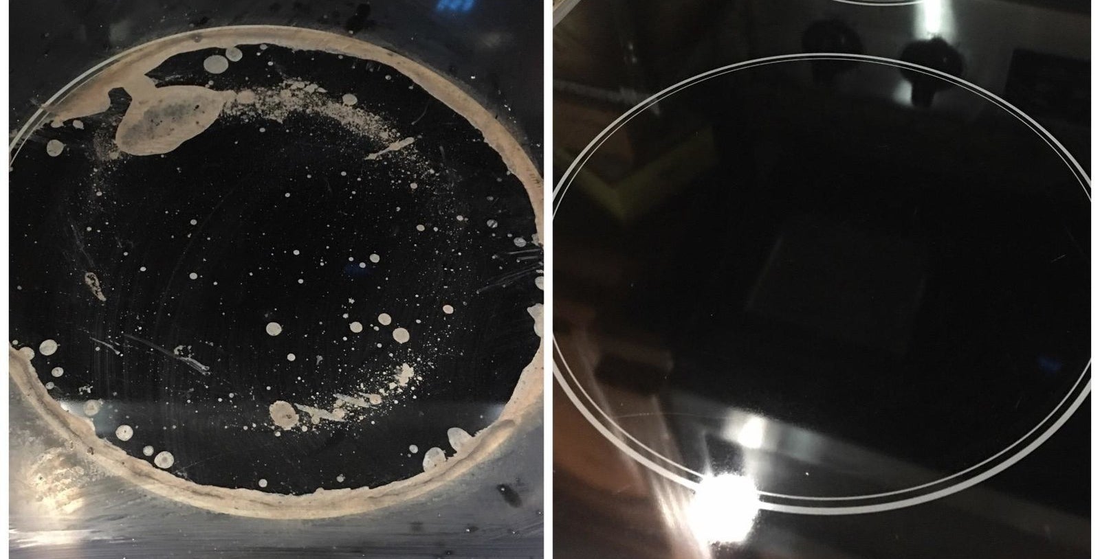 A before-and-after photo showing a dirty stovetop and a clean stovetop