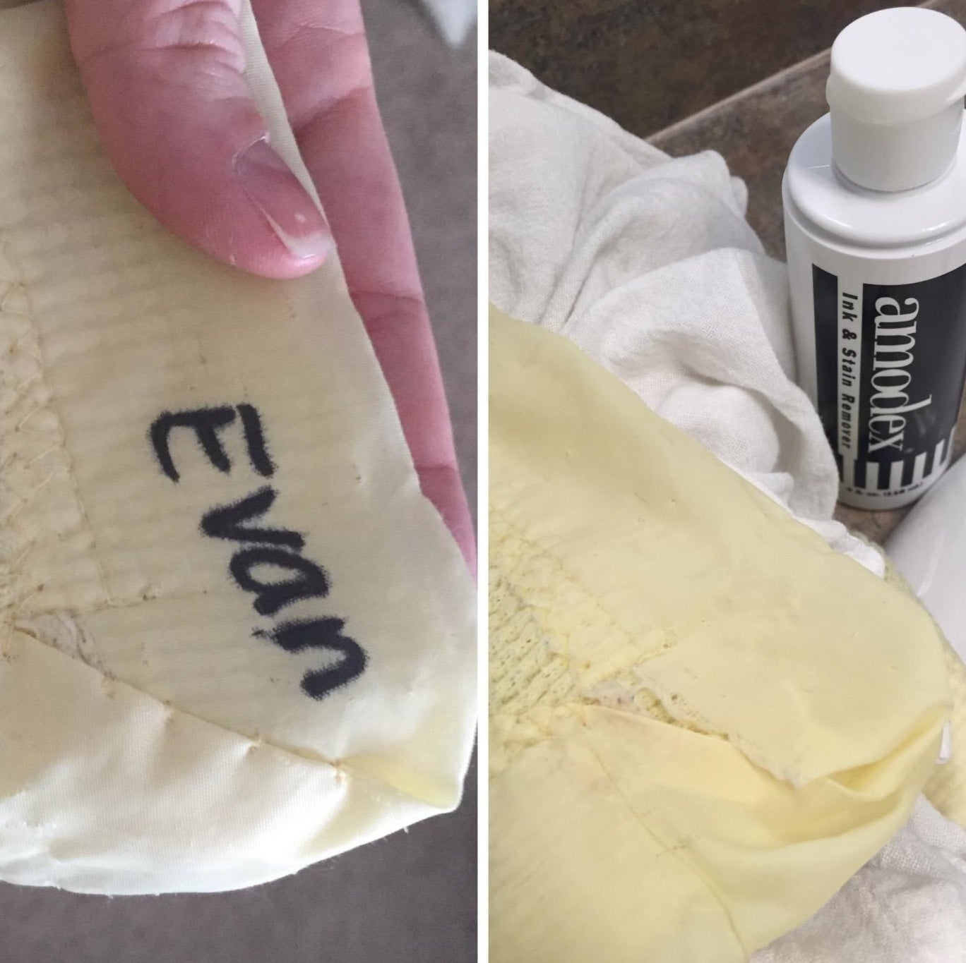 A photo of a blanket with the word &quot;Evan&quot; written in permanent marker next to clean version of the blanket with the permanent marker completely removed