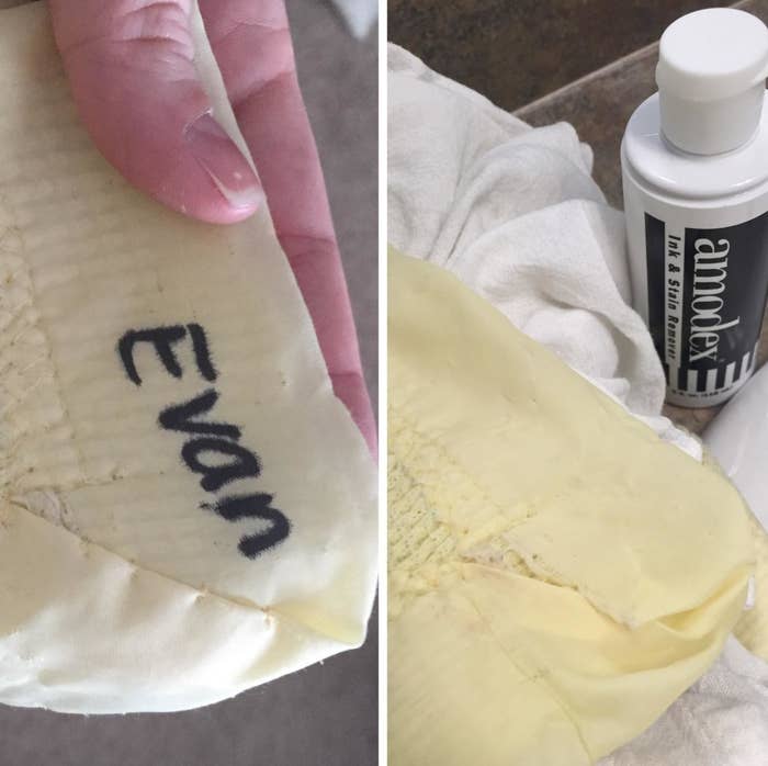 A photo of a blanket with the word &quot;Evan&quot; written in permanent marker next to clean version of the blanket with the permanent marker completely removed