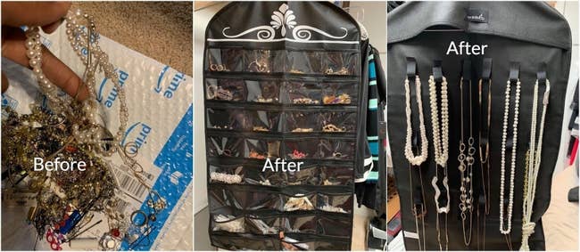 Before-and-after photos showing a tangled pile of jewelry next to organized jewelry in a hanging organizer