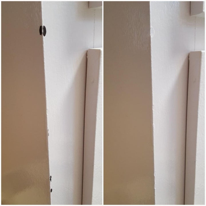 A before-and-after photo showing a chipped wall being repaired with the touch-up paint