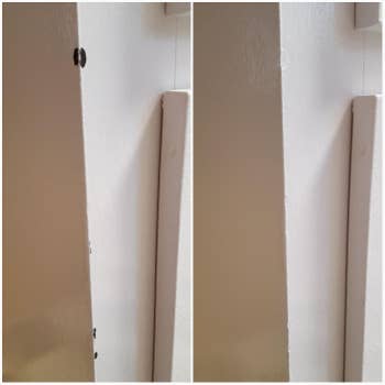 A before-and-after photo showing a chipped wall being repaired with the touch-up paint