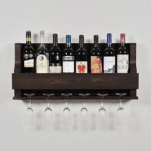 A wooden wine rack with an upside-down glass holder.