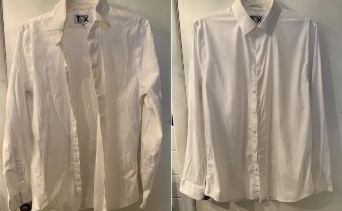 Before/after pic of a reviewer&#x27;s wrinkly shirt that is noticeable less wrinkled after spray is applied 