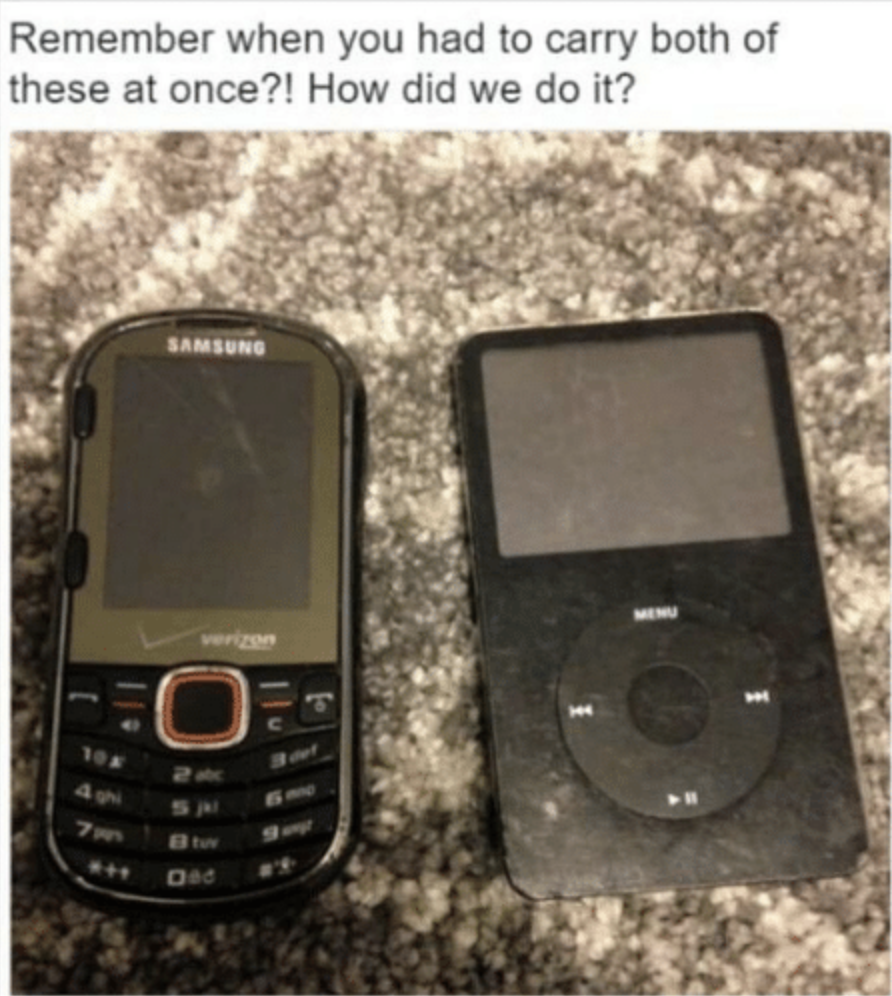 a flip phone and an ipod next to each other
