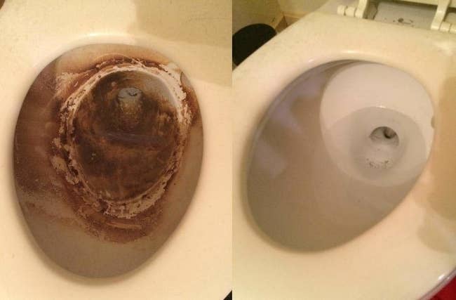 A dirty toilet next to a completely clean toilet after using the disposable cleaning wands