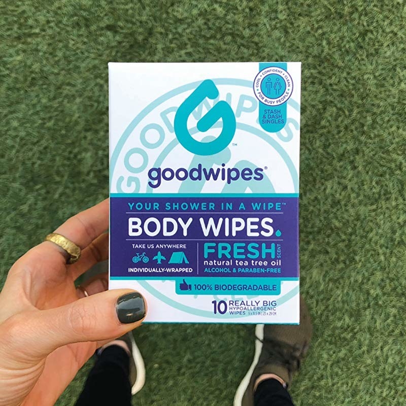 A box of biodegradable Goodwipes Body Wipes with natural tea tree oil 