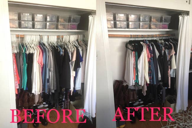 A photo of a full closet using plastic hangers next to a photo of the same closet with more space when using the velvet hangers