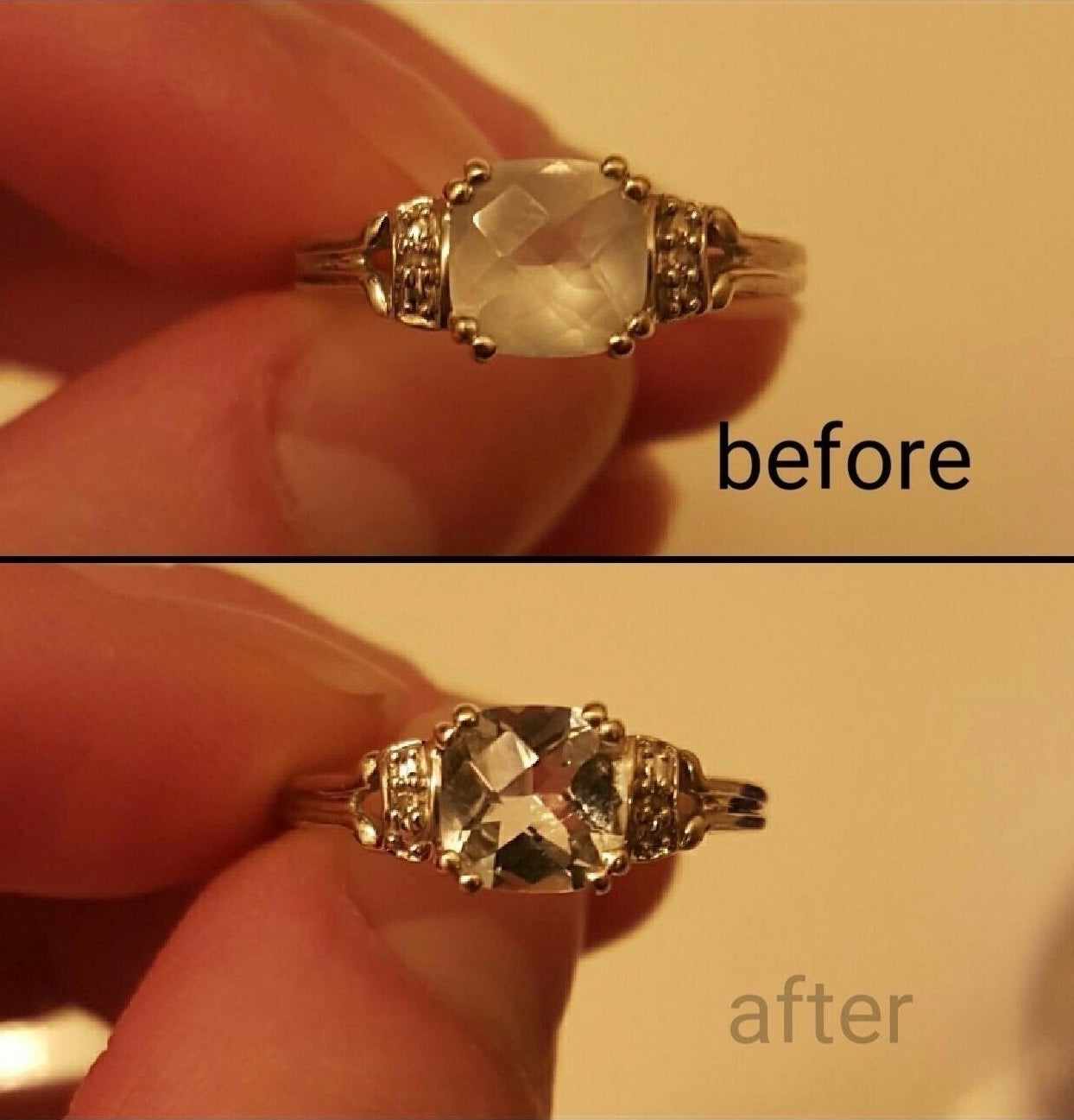 A before-and-after photo showing the results of the pen cleaner on a ring