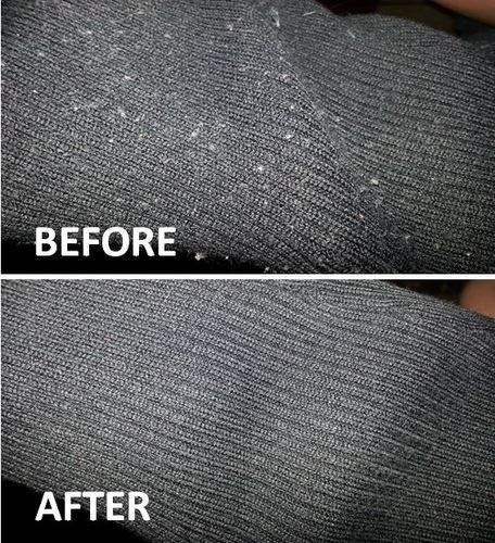 A before-and-after photo showing fabric pilling being removed from a sweater
