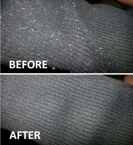 A before-and-after photo showing fabric pilling being removed from a sweater