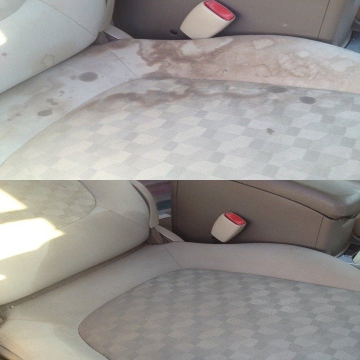 A before-and-after photo showing a dark stain removed from a car seat's upholstery