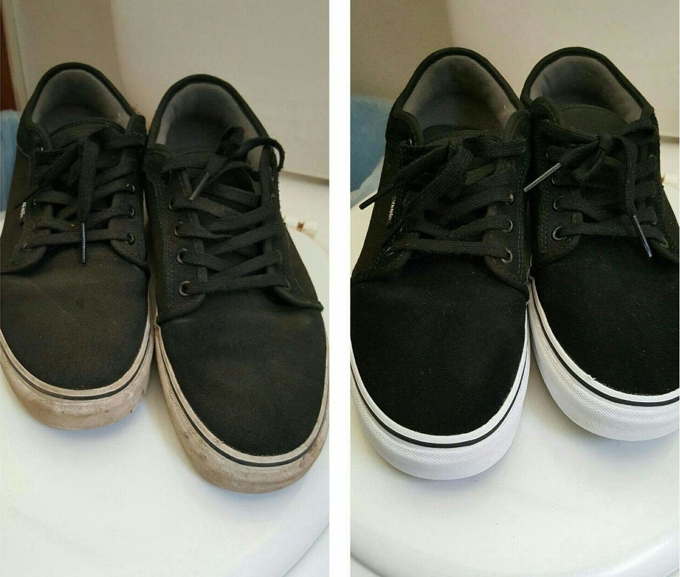A before-and-after photo showing dirty shoes and clean shoes