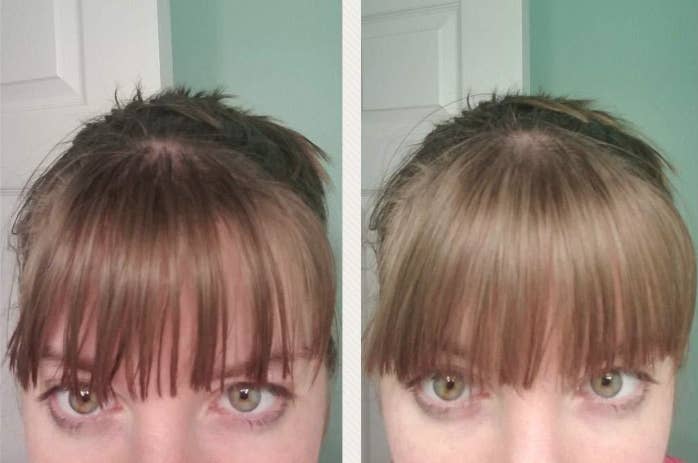 Before and after of a reviewer&#x27;s hair. The after pic shows less shine and cleaner-looking hair.