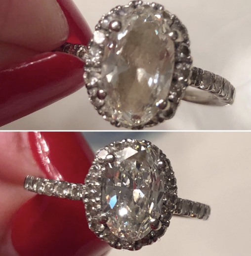 A reviewer's dull stone before using the brush / A reviewer's shiny stone after using the brush