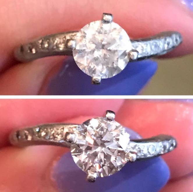 a reviewer&#x27;s before photo of a dull ring and after photo of the shiny ring 
