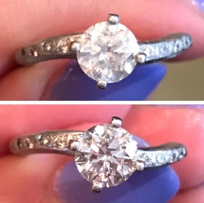 a reviewer&#x27;s before photo of a dull ring and after photo of the shiny ring 