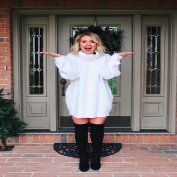 another reviewer pic of them wearing the white turtleneck sweater dress with black over-the-knee boots
