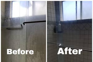 Reviewer before and after showing the cleaner removed hard water stains on a glass shower door