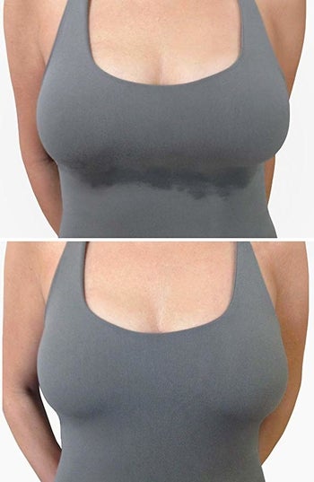 Tank top with sweat stains under the boobs and same tank top without sweat stains because the model is wearing the bra liner