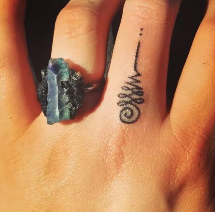A finger tattoo of an Unalome symbol