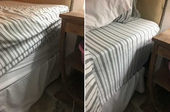 A reviewer&#x27;s before and after which show a sheet popping off the corner of a mattress and then a sheet attached securely