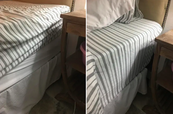 A reviewer's before and after photos which show a sheet popping off the corner of a mattress and then a sheet attached securely 