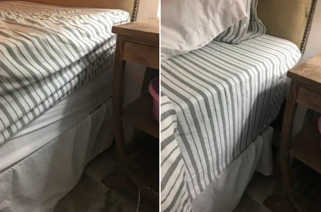 A reviewer's before and after which show a sheet popping off the corner of a mattress and then a sheet attached securely 