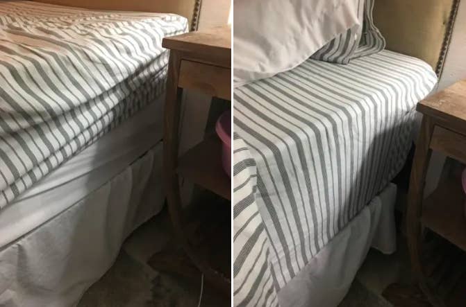 A reviewer&#x27;s before and after photos which show a sheet popping off the corner of a mattress and then a sheet attached securely 