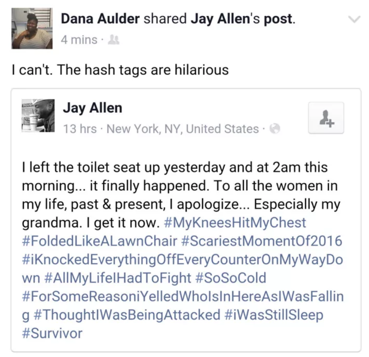 someone using funny hashtags to describe themselves falliing iin a toilet