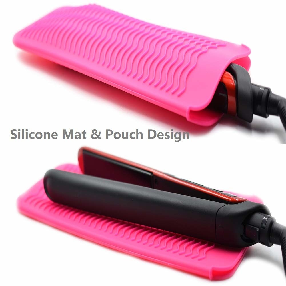 The silicone mat/pouch showing a straightener safely packed inside of it and laying on top of it 