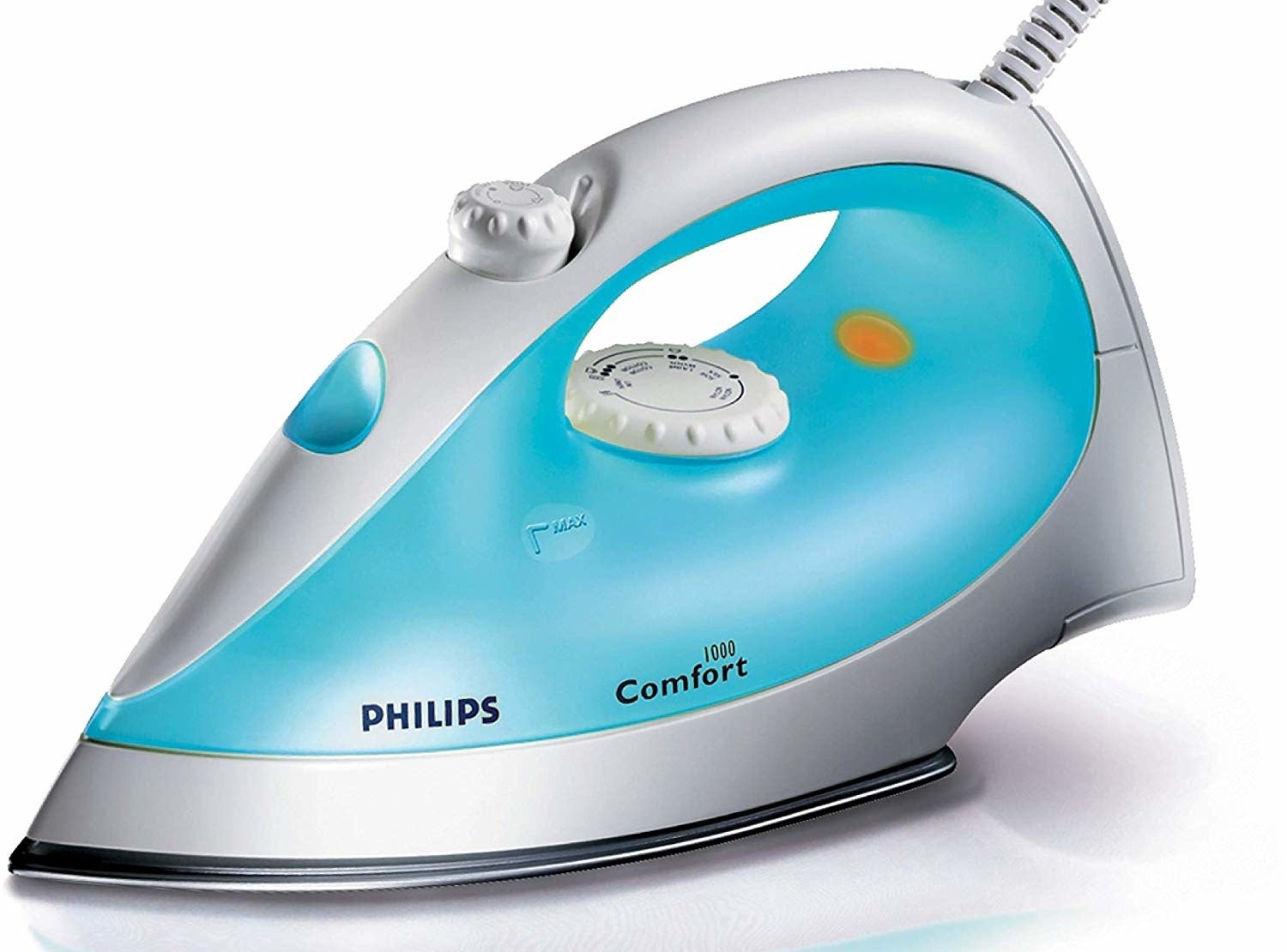A Philips steam iron in white and blue.