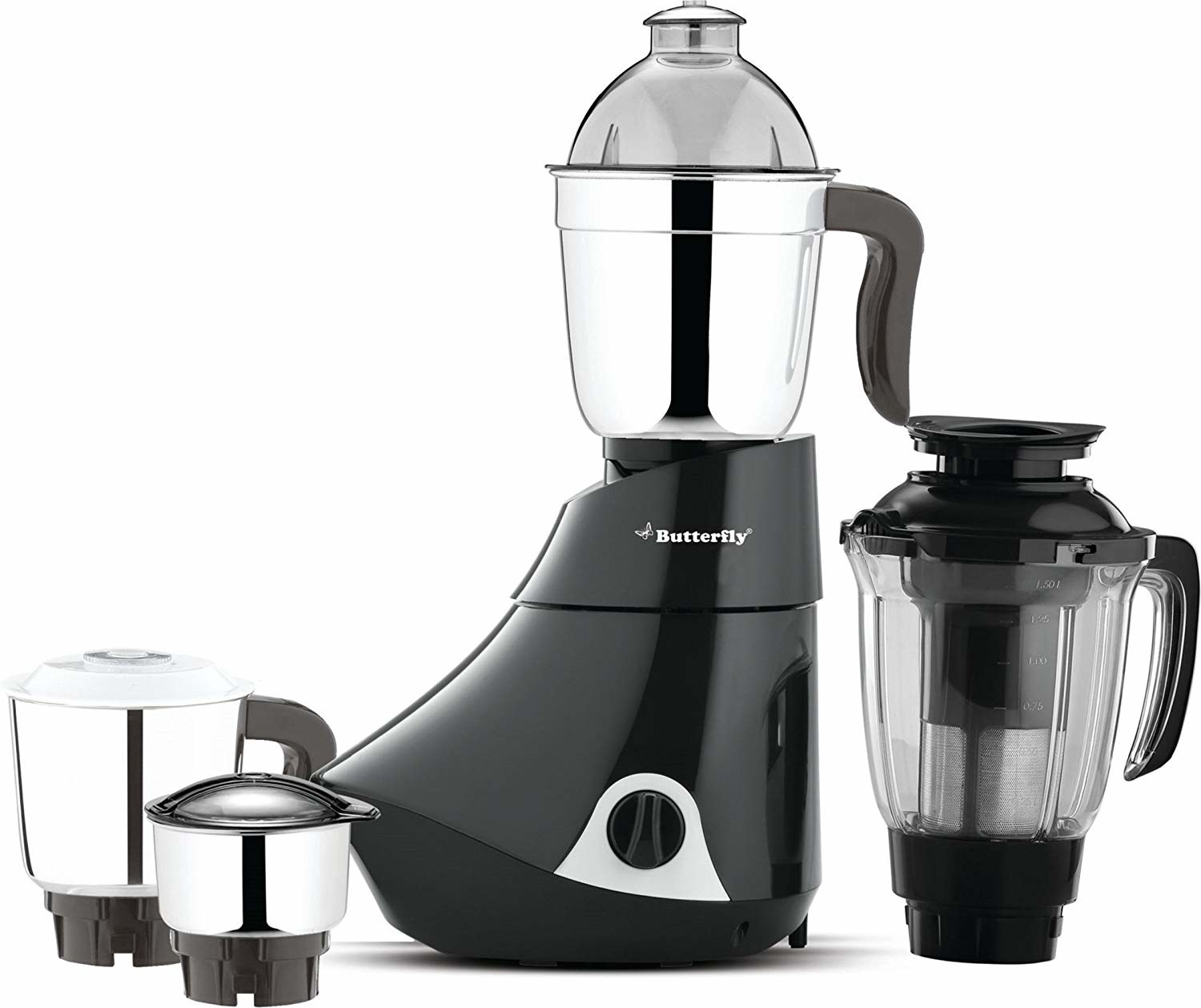 A butterfly mixer grinder in black and silver next to its various attachments.