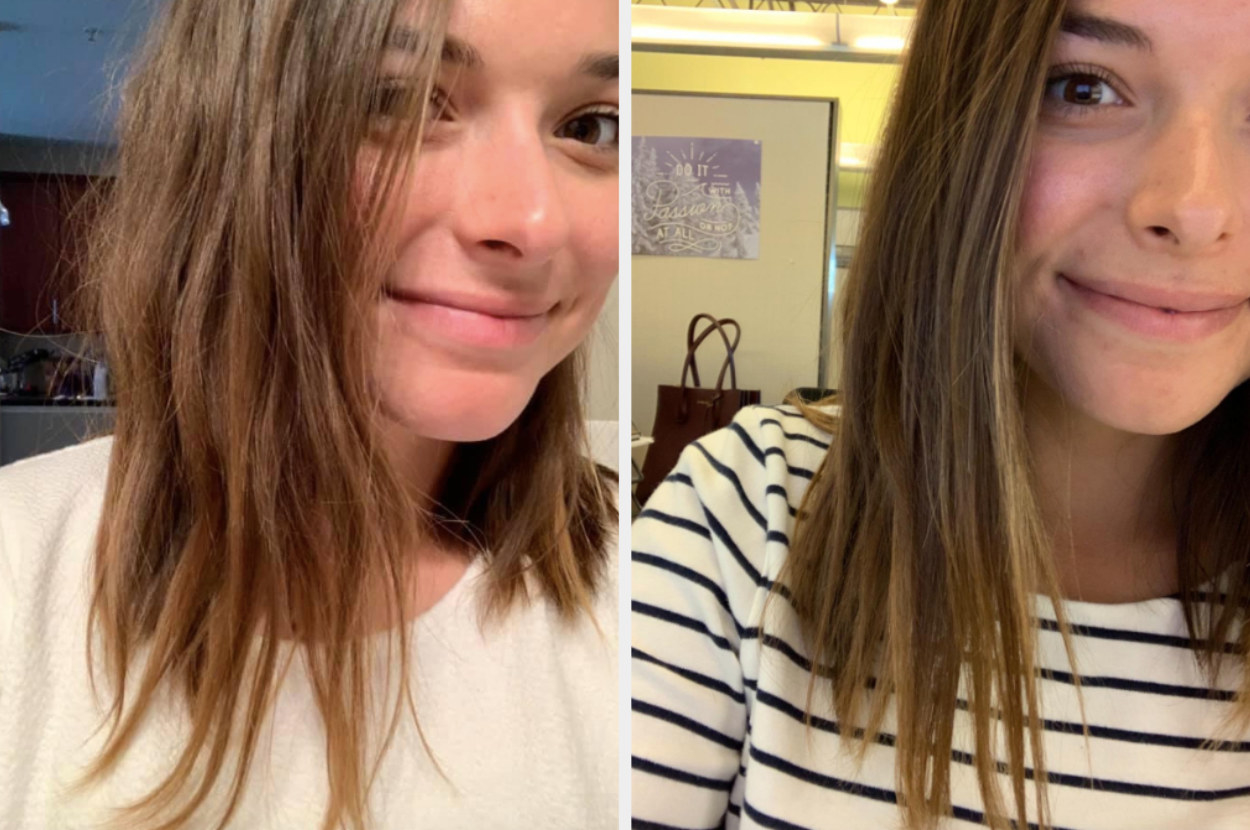 On the left, a reviewer's hair looking dully and dry, and on the right, the same reviewer's hair looking soft and shiny