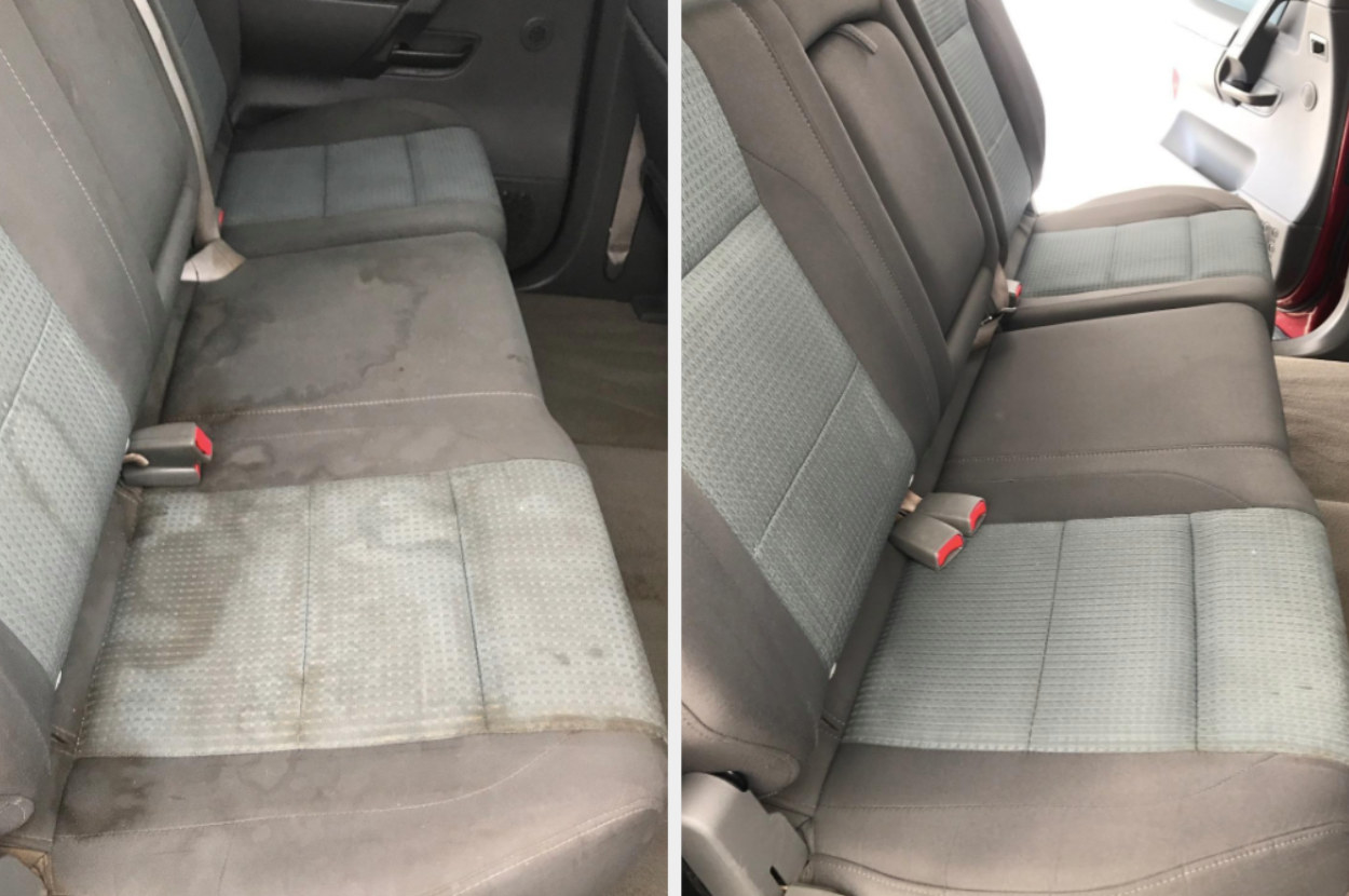 On the left, a reviewer&#x27;s car seat looking dirty, and on the right, the same car seat now looking clean 
