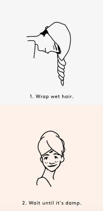 An illustration of how to twist the towel around your hair and wait until it's damp