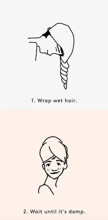 An illustration of how to twist the towel around your hair and wait until it's damp