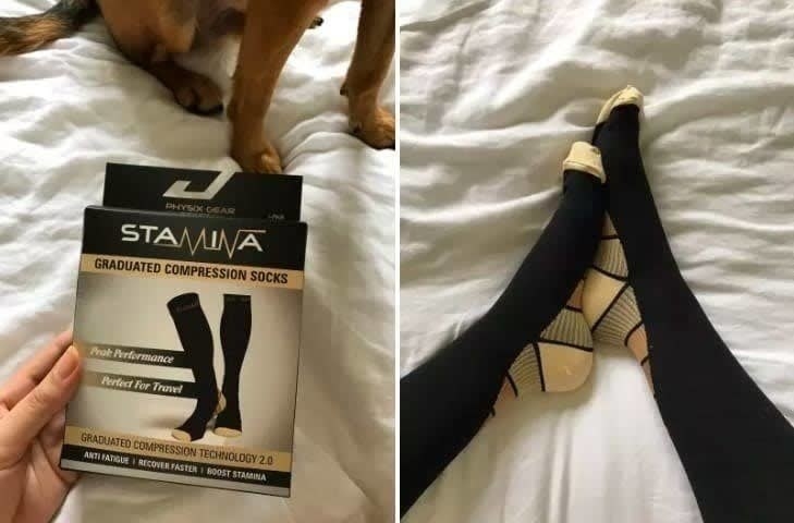 (left) hand holding the packaging (right) two feet with the black and yellow compression socks on
