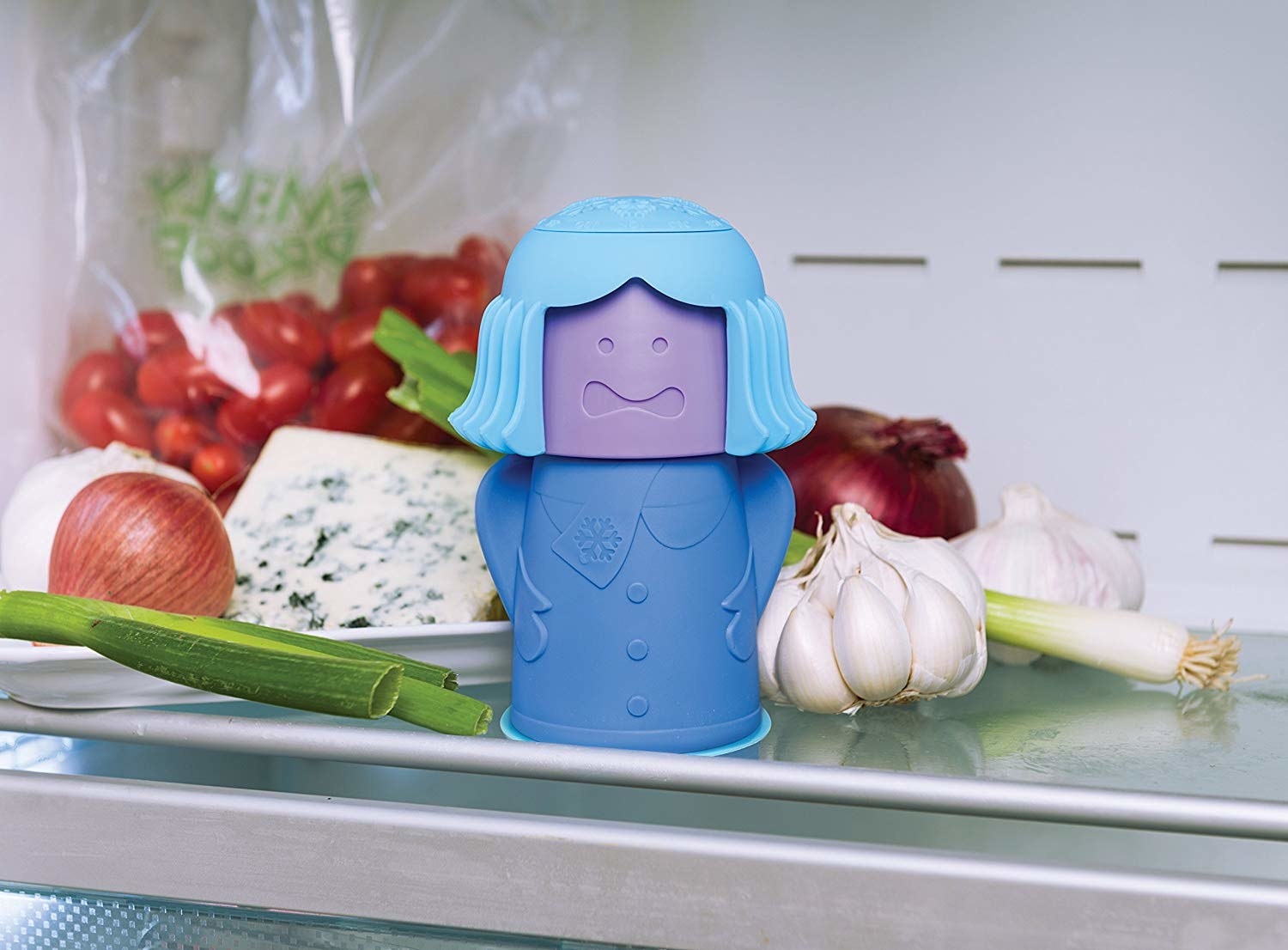 a person-shaped fridge deodorizer inside a fridge