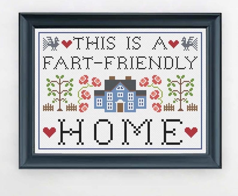 cross stitch desing that reads &quot;this is a fart-friendly home&quot; with plants, hearts, birds, and a house