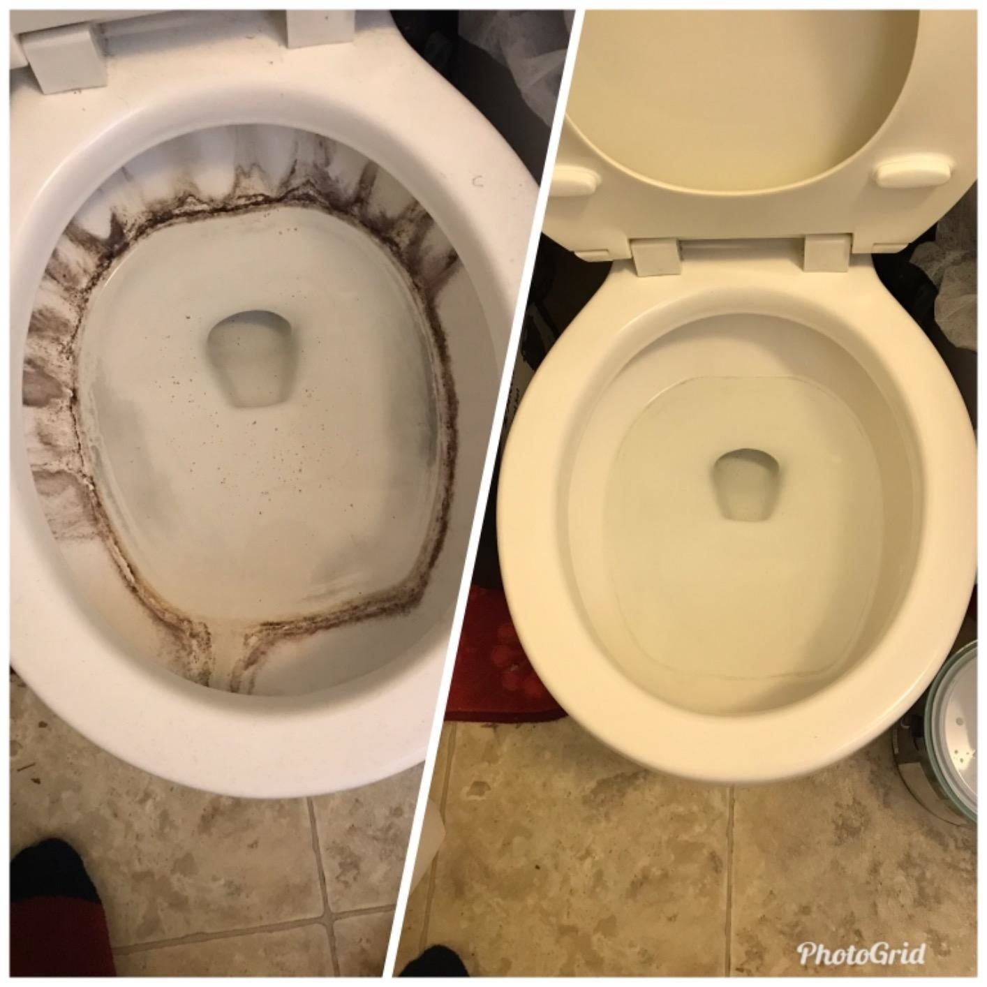 reviewer&#x27;s before-and-after photo of a toilet with brown stains in it compared to the same toilet with all of the stains gone 