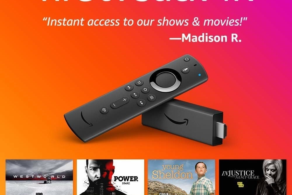 the amazon firestick with an array of shows below it