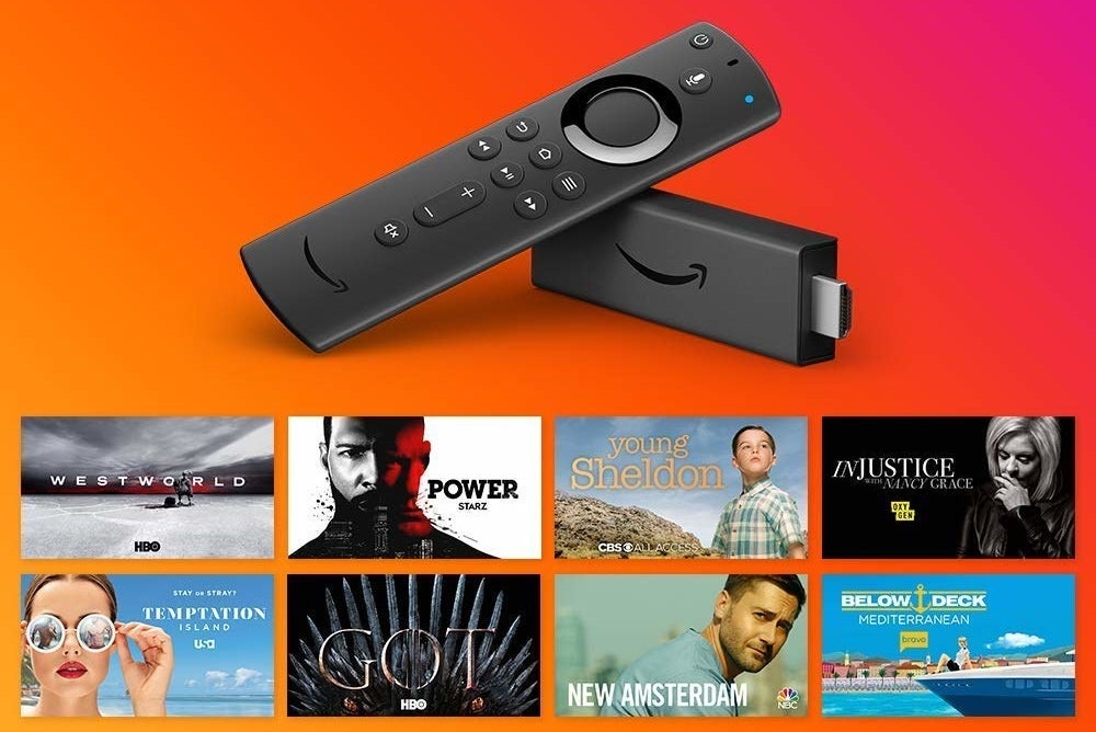 Amazon firestick with an array of shows below it